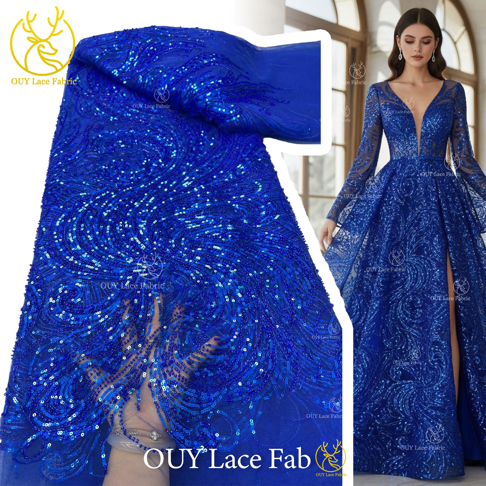 Glitter Tablecloth - Royal Blue Beaded Sequins Lace Fabric